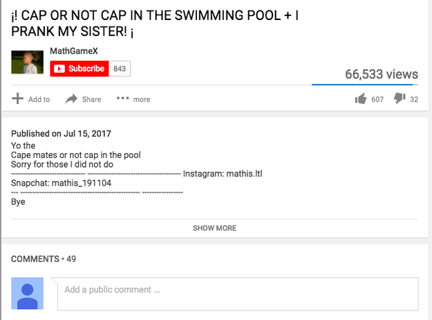 Here's a screenshot of a video of some kids swimming. Before it was reported, it had 49 comments.