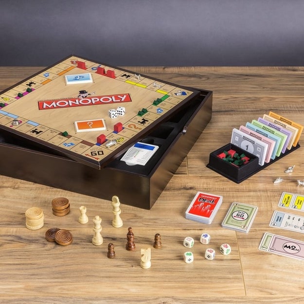 A deluxe five-in-one Monopoly game that also doubles as checker/chess set!