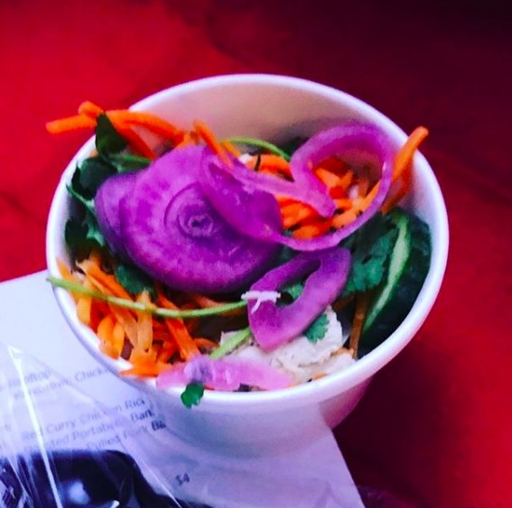 Topped with pickled vegetables (carrots and onions), cucumber, and cilantro, the bowl of rice + quinoa mixture was complemented by rich, red curry with chunks of chicken breast.