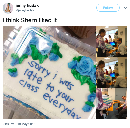 This teen who brought their teacher a cake to apologize for frequently being late to class.