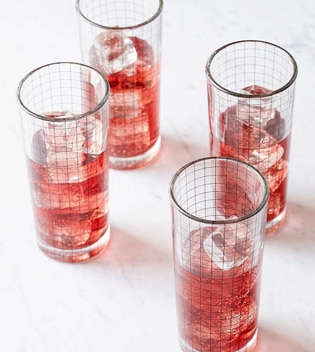 A pack of highball glasses with grid designs that will match any kitchen theme.