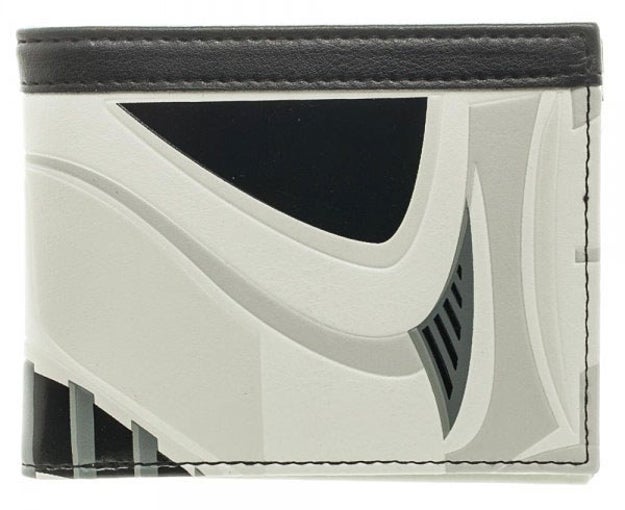 An abstract wallet with sweeping lines most people won't realize is in the likeness of a Star Wars stormtrooper helmet unless you tell them.