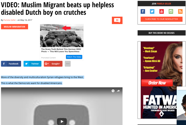 And the word "Muslim"? Just one day after the video appeared on the internet, anti-Muslim activist Pamela Geller posted the video on her website with the title: "VIDEO: Muslim Migrant beats up helpless disabled Dutch boy on crutches."