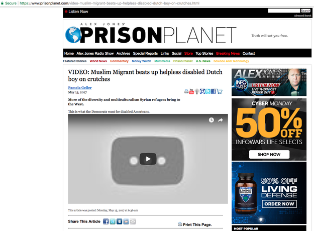 The next day, Alex Jones' website Prison Planet also posted Geller's post — with "Muslim Migrant" in the headline — along with the video.