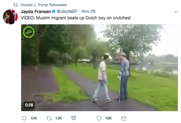 One of the videos, claiming to show a "Muslim migrant" assaulting a "Dutch boy on crutches," is false. But it lived for months on pro-Trump Twitter accounts and in anti-Muslim fever swamps online. Here's the history of the video's journey to the president's Twitter account.