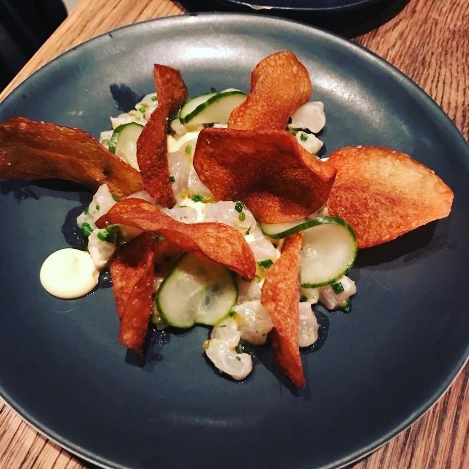 A play on the favorite British dish of fried battered fish and hot potato chips, the Fish 'N' Chips at High Street on Hudson features fresh fluke tartare marinated in creamy aioli with thin, crispy chips and pickled cucumber.