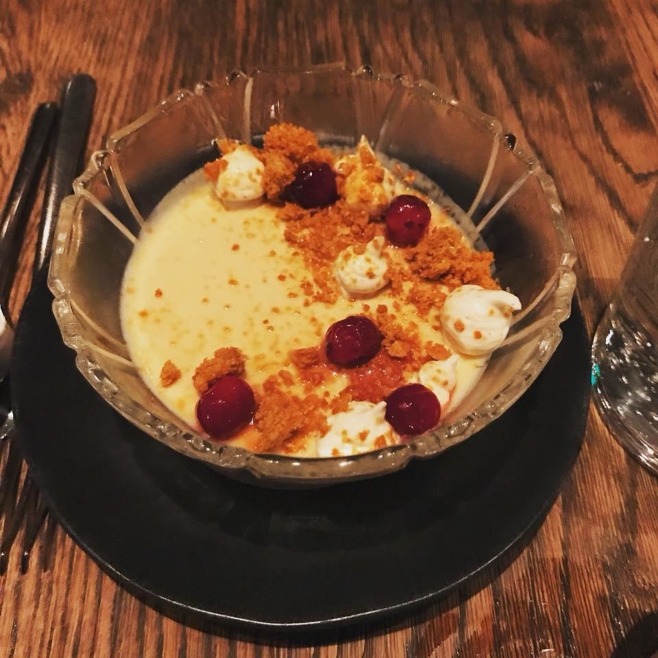 Having the texture of pudding and flavor of caramel & honey, this mouthwatering dessert is topped with honeycomb candy, ricotta mousse, and ripe cranberries.