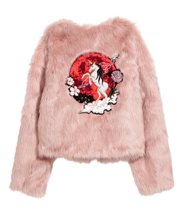 A faux-fur jacket as a chance to rep some of the most beautiful things in life, including flowers, clouds, unicorns, Nicki Minaj, etc.