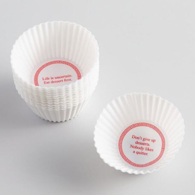 Reuseable silicone cupcake liners with fun hidden dessert fortunes.