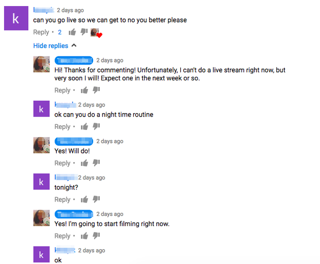 YouTube deleted a number of these commenters' accounts after BuzzFeed News provided screenshots to the company. This account was left up for more than 36 hours after the video it commented on had comments disabled.