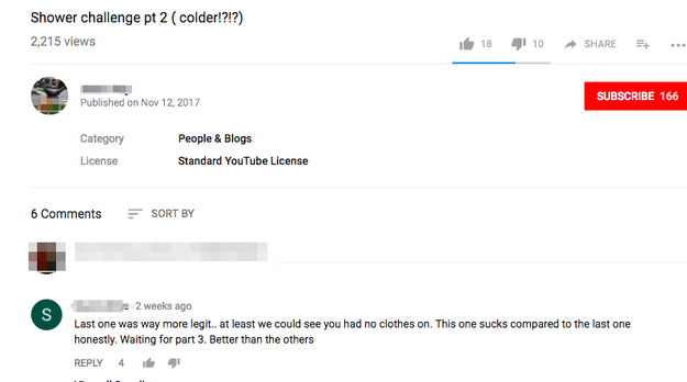 In another instance, a video from a child's account of the kid participating in a challenge video — in which the children film themselves taking a cold shower — was flagged after the video received multiple inappropriate comments.