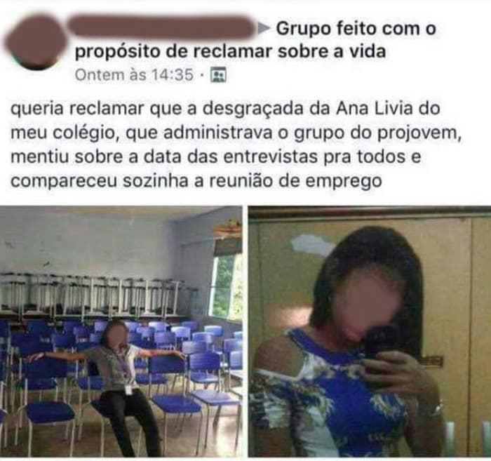 Segundo ela, Ana Lívia administrava o grupo de conversa do ProJovem, programa do Governo que visa promover a qualificação profissional de jovens. Só que ela mentiu sobre a data das entrevistas de emprego e conseguiu eliminar a concorrência.