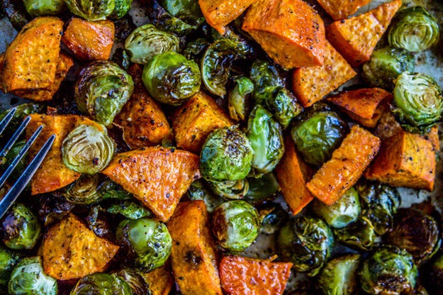 Roasted Sweet Potatoes and Brussels Sprouts