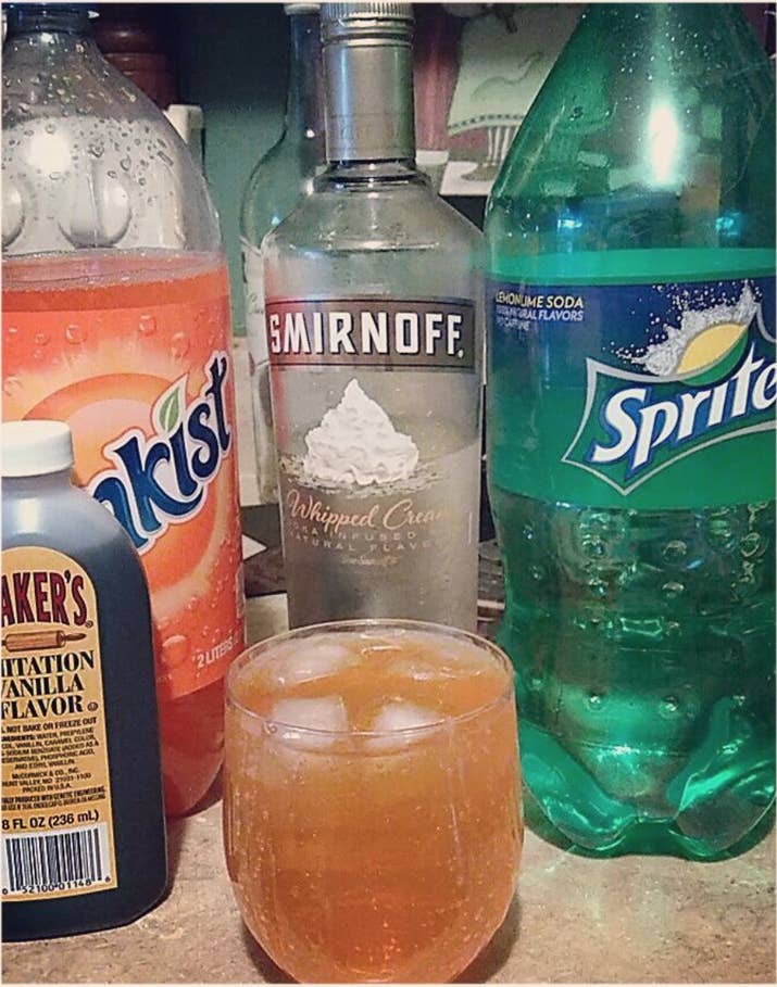 I did a lot of whipped cream vodka, OJ, and a dash of sprite in college. Tasted just like a creamsicle!—veronicaa9283