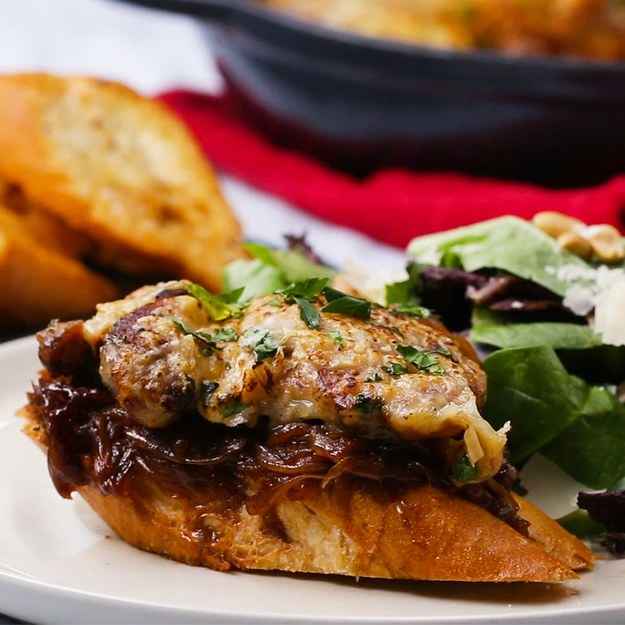 6 servingsINGREDIENTS6 boneless, skinless chicken thigh salt, to taste pepper, to taste1 tablespoon garlic, minced1 tablespoon dried parsley1 tablespoon butter6 large onion, thinly sliced1 tablespoon fresh thyme235 mL (1 cup) beef stock200 g (2 cups) shredded gruyère cheese bread, sliced and toasted, to servePREPARATION1. In a bowl, add the chicken thighs, salt, pepper, garlic, dried parsley, and olive oil, and toss until evenly coated.2. Add the chicken to a skillet on medium-high heat. Sear until golden brown, about 4 minutes. Flip and cook the other side of the chicken, 2 minutes. Remove the chicken from the pan and set aside.3. Preheat oven to broil.4. Add the butter, sliced onions, salt, and pepper to the same pan, stirring occasionally until softened. Reduce heat to low and cook until they are deeply caramelized, about 1 hour.5. Add thyme and beef broth and bring the mixture to a simmer.6. Add the chicken on top of the onions, and sprinkle with Gruyère cheese.7. Broil for 5 minutes, until the cheese is melted and golden brown.8. Serve over bread.9. Enjoy!Inspired by:http://www.seriouseats.com/recipes/2015/01/french-onion-soup-recipe.html
