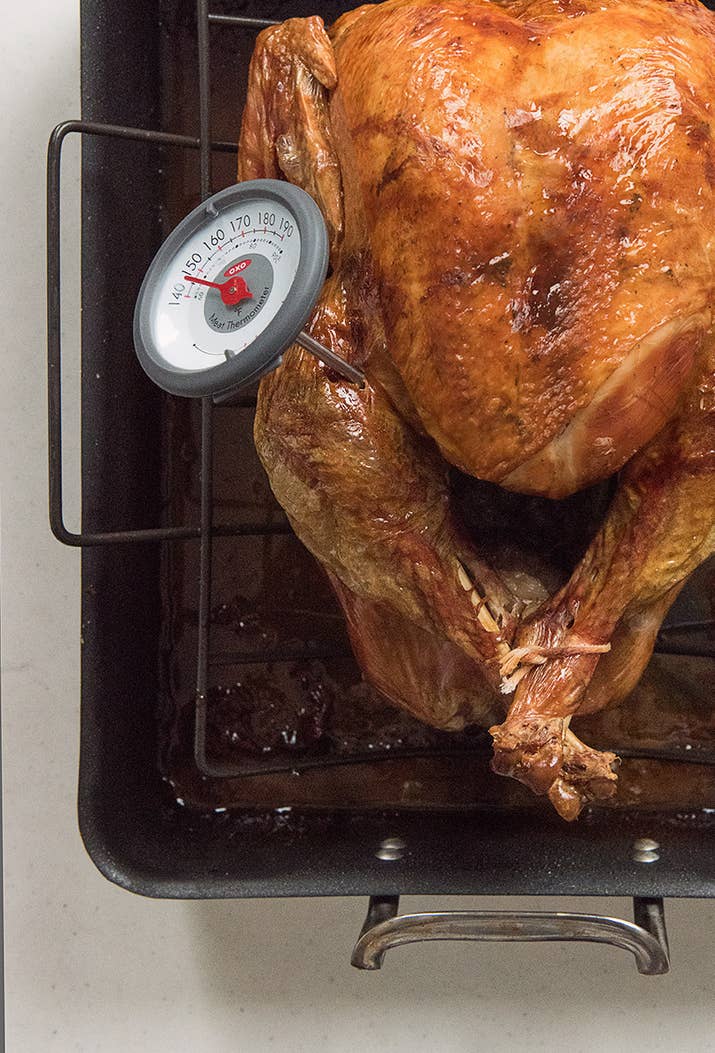 Use a two-tiered pan to cook your turkey!! My grandma’s pan (that I use now) has a top layer with holes in it for the turkey, and a bottom part that catches all the delicious drippings, without essentially soaking the turkey in them.—waspxiiiHere's how to dry brine and cook a basic roast turkey.