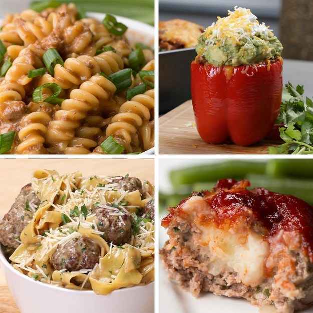 One-pot Swedish Meatball Pasta4 servingsINGREDIENTS455 g (1 lb) ground beef55 g (½ cup) seasoned bread crumbs½ onion, finely minced1 egg½ tablespoon salt, for meatballs½ tablespoon pepper, for meatballs2 tablespoons canola oil470 mL (2 cups) beef broth470 mL (2 cups) milk½ tablespoon salt, for sauce½ tablespoon pepper, for souce1 tablespoon worcestershire sauce400 g (4 cups) egg noodle100 g (1 cup) shredded parmesan cheese15 g (½ cup) fresh parsley, choppedPREPARATION1. In a large bowl, combine the ground beef, breadcrumbs, onion, egg, salt, and pepper, mixing until evenly combined.2. Heat the canola oil in a pot over medium-high heat. Take about a golf-ball size of the meatball mixture and roll it into balls. Place the meatballs into the pot, cooking for one minute. Flip the meatballs.3. Add the beef broth, milk, salt, pepper, and Worcestershire sauce and give it a stir.4. Bring the liquid to a boil, then add the egg noodles. Stir constantly until the pasta is cooked and the liquid has reduced to a sauce that coats the noodles, about seven to eight minutes.5. Add the parmesan and the parsley, stirring until the cheese is melted.6. Enjoy!---Taco-stuffed Peppers6 peppersINGREDIENTS6 large bell pepper, or 8 medium, ensure they have a flat base so they will stand up when cooking455 g (1 lb) ground beef1 medium yellow onion, diced1 can black bean, drained225 g (1 cup) brown rice, cooked165 g (1 cup) frozen corn1 jar chunky salsa, medium2 tablespoons taco seasoning mix, 1 packet, or make your own150 g (1 ½ cups) grated cheddar cheese, or mexican blend cheese guacamole, to garnish, optional sour cream, to garnish, optionalMake Your Own Taco Season1 tablespoon chili powder1 ½ teaspoons ground cumin1 teaspoon salt1 teaspoon black pepper1 teaspoon corn starch½ teaspoon paprika½ teaspoon garlic powder½ teaspoon onion powder¼ teaspoon cayenne pepper¼ teaspoon dried oreganoPREPARATION1. Cut off the top and remove the seeds from each pepper.2. Place in a baking dish and bake for 20 minutes in a preheated oven at 350ËF (175ËC).3. While the Peppers are roasting - heat oil in a large skillet over medium/high heat. Add ground beef and season with entire taco seasoning packet. Allow beef to brown on all sides.4. NOTE: If you made your own taco seasoning, you'll want to add 2 tablespoons. The ingredients above will make more than this recipe requires.5. Add diced onion - continuing to cook until softened.6. Reduce heat to Medium. Mix in the black beans, brown rice, corn, and salsa.7. Add in 1 cup (100g) of cheese and stir until incorporated and the cheese has melted. Remove from heat.8. Remove peppers from oven and fill each with the taco mixture. Top with additional cheese.9. Return to the oven for 15 minutes until the cheese has melted.10. Top each pepper with a generous scoop of guacamole and sour cream. Top with additional cheese.11. Enjoy!---One-pot Cheeseburger Pasta6 servingsINGREDIENTS455 g (1 lb) ground beef150 g (1 cup) onion, diced1 tablespoon garlic, minced1 teaspoon salt½ teaspoon pepper2 tablespoons worcestershire sauce2 tablespoons ketchup945 mL (4 cups) beef broth455 g (16 oz) fusilli pasta300 g (3 cups) shredded cheddar cheese120 mL (½ cup) milk green onion, sliced, to servePREPARATION1. In a large pot over a medium heat, add ground beef, onions, garlic, salt, pepper, worcestershire sauce, and ketchup. Break up the beef to incorporate the seasonings and cook until browned.2. Pour in the beef broth and bring to a simmer.3. Add the pasta and simmer for 20 minutes or until the pasta is cooked throughout and the broth has cooked down.4. Pour in the milk and cheese. Stir until the cheese has melted.5. Serve garnished with some sliced green onions6. Enjoy!Inspired by:https://www.bigbearswife.com/cheeseburger-macaroni-skillet-homemade/---Mashed Potato Stuffed Meatloaf Cups10 meatloaf cupsINGREDIENTSMashed Potatoes455 g (1 lb) potato, cooked and peeled2 tablespoons butter1 teaspoon salt½ teaspoon pepper50 g (½ cup) shredded parmesan cheese235 mL (1 cup) milkMeatloaf Glaze180 g (¾ cup) ketchup2 tablespoons tomato paste55 g (¼ cup) brown sugar1 teaspoon onion powder1 teaspoon mustard powder1 teaspoon paprikaMeatloaf1 tablespoon cooking oil150 g (1 cup) onion, diced1 tablespoon garlic, minced455 g (1 lb) ground beef, 85%/15% fat1 teaspoon salt1 teaspoon pepper1 teaspoon worcestershire sauce50 g (½ cup) shredded parmesan cheese10 g (¼ cup) fresh parsley1 egg, beaten25 g (½ cup) panko breadcrumb60 mL (¼ cup) milkPREPARATION1. Preheat oven to 350ËF (180ËC).2. Place cooked potatoes into a large bowl. Add butter, salt, pepper, parmesan, and a splash of milk. Mash and add more milk gradually until the potatoes are the desired texture. Set aside and let cool.3. Prepare the glaze by mixing ketchup, brown sugar, onion powder, mustard powder, and paprika in a bowl. Reserve half in a separate bowl to glaze once cooked.4. Add oil in a skillet over medium heat, followed by onions and garlic. Cook until onions are translucent and fragrant. Set aside in a bowl to cool before adding to the meat mixture.5. In a large bowl, combine ground beef, salt, pepper, worcestershire sauce, parmesan, parsley, cooled onions & garlic, egg, breadcrumbs and milk. Mix until combined.6. Using a spoon or ice cream scooper, scoop the meat mixture and place into a greased 12 cup cupcake baking tin.7. Using your fingers, spread the meat from the center to make a cup. Fill the middle with a small spoonful of mashed potatoes, and cover back up with the meat mixture.8. Generously brush half of the reserved glaze on top of the meatloaf cups generously.9. Bake for 25 minutes, reapplying the glaze halfway through. Once they are done cooking, brush with the remaining glaze that has Not been used on the raw meatloaves.10. Enjoy!Inspired by:http://realfoodbydad.com/epic-meatloaf-stuffed-with-mashed-potatoes/