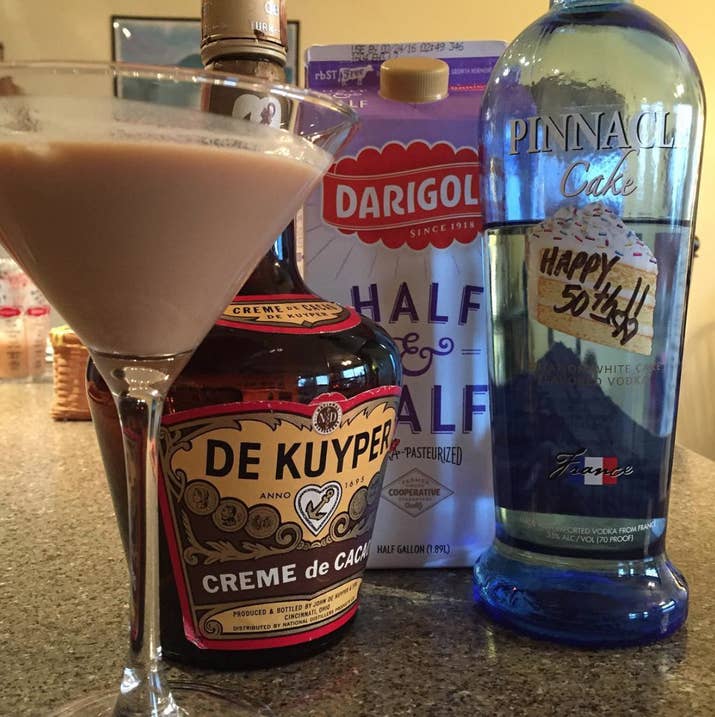 Half cake vodka + half chocolate milk + shot glass = chocolate cake shot.—meganw19