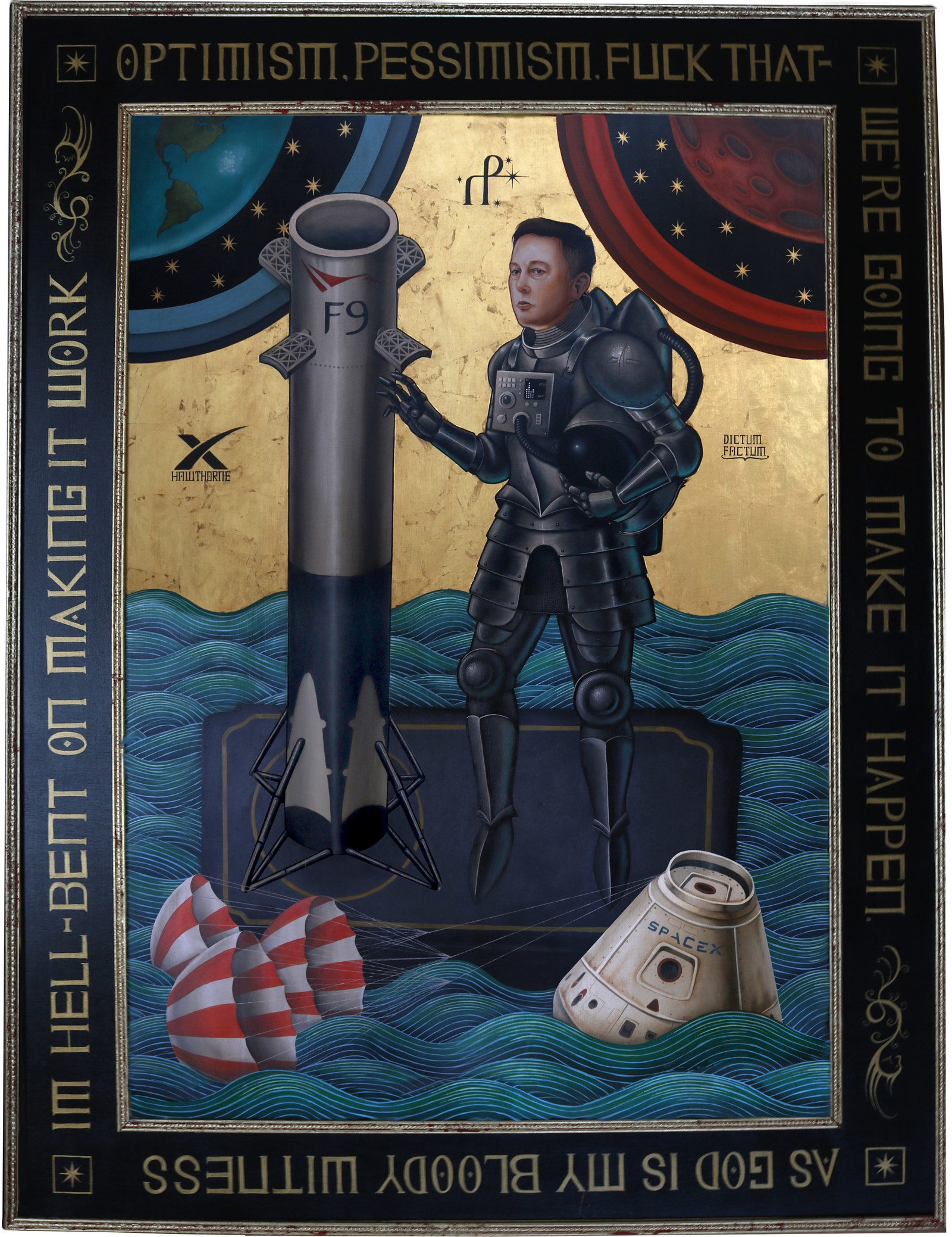 Dictum Factum, 2017, oil, acrylic and gold leaf on wood, 36" X 48"