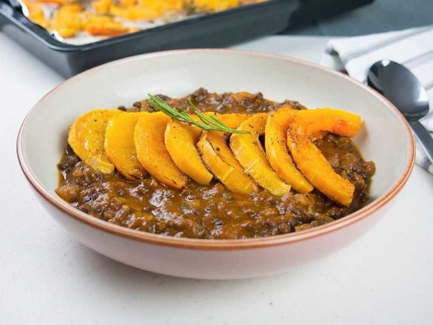 Rosemary Roasted Butternut Squash in a Lentil Tomato and Mushroom Sauce