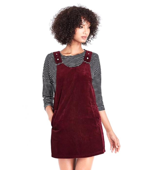 burgundy dungaree dress