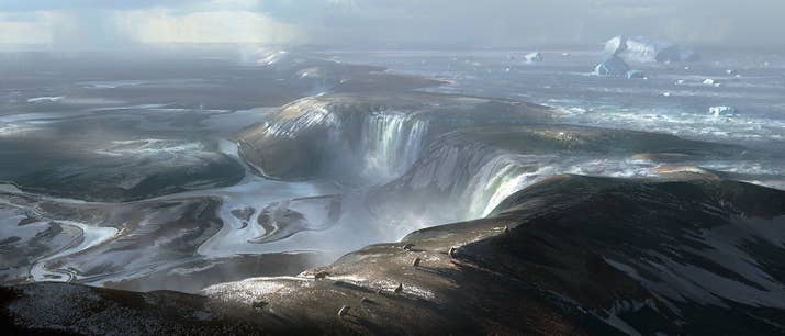 Artist's impression of a vast flood as Britain separated geologically from Europe 450,000 years ago.