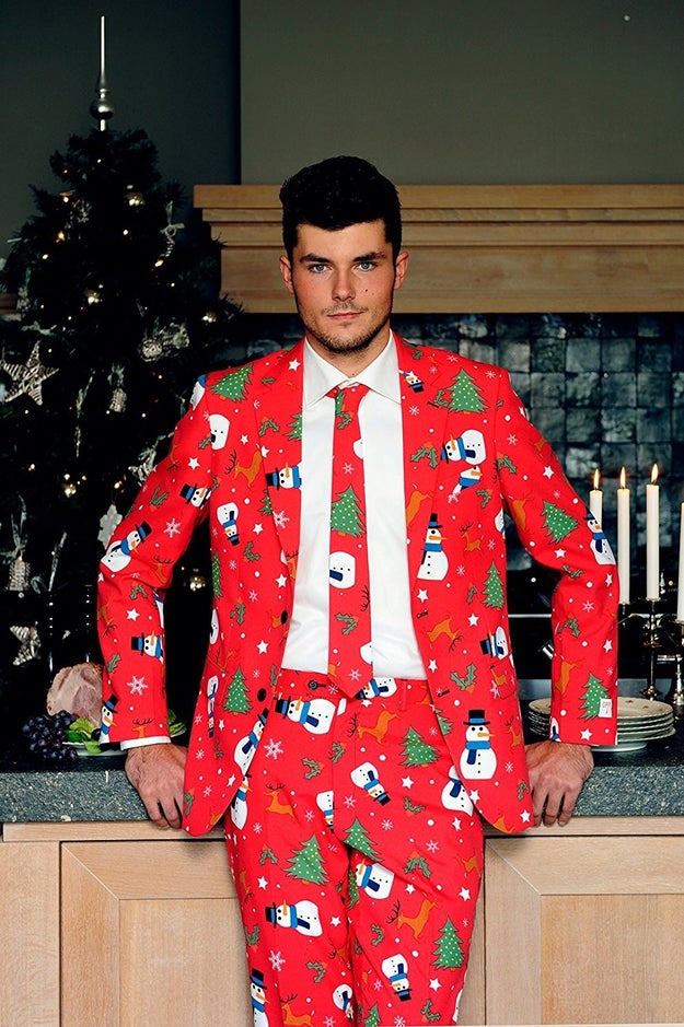 A holly jolly printed Opposuit that'll guarantee a win when it comes to who's best dressed at the holiday party.