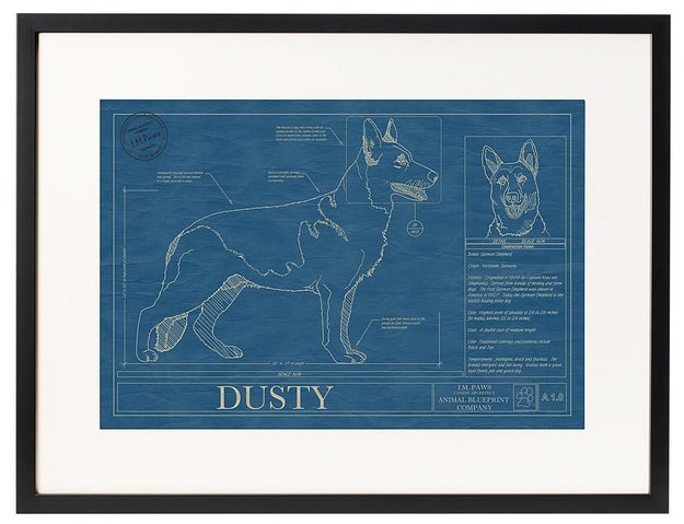 A vintage-style blueprint poster personalized for your pet. Because your pupper is an icon and they desserve the very best.