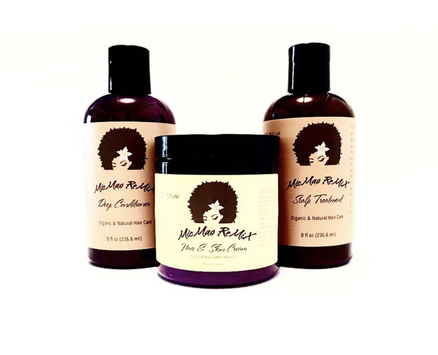 This deep conditioner oil, scalp treatment oil, and hair and skin cream bundle because "todo pelo es pelo bueno."