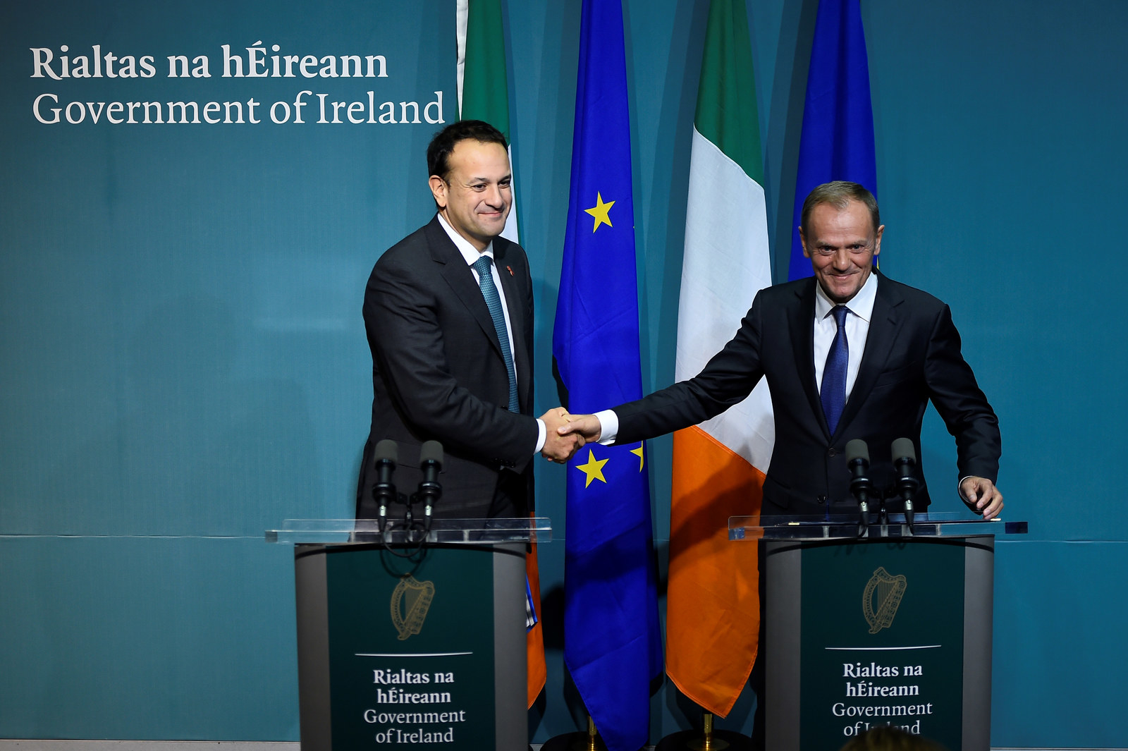 Taoisaech of Ireland Leo Varadkar and president of the European Council Donald Tusk shake hands during a press conference in Dublin.