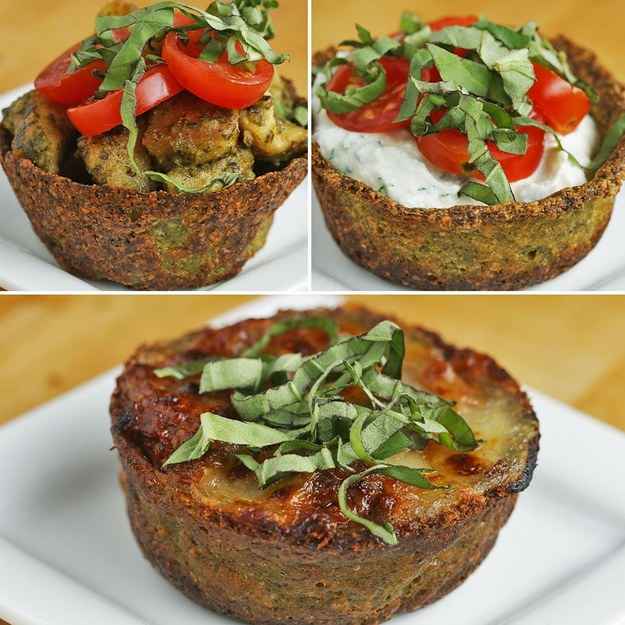 Herb Ricotta Broccoli Parmesan Cups12 servingsINGREDIENTS300 g (2 cups) broccoli floret1 clove garlic, minced110 g (1 cup) grated parmesan cheese1 egg1 tablespoon olive oil455 g (16 oz) ricotta cheese, 1 container½ teaspoon salt10 g (¼ cup) fresh basil, chopped, divided2 tablespoons fresh parsley, chopped300 g (1 ½ cups) cherry tomato, slicedPREPARATION1. Preheat oven to 375ËF (190ËC).2. In a food processor add the broccoli, 1 cup of Parmesan, 1 clove of garlic, the egg, and 1 tablespoon of olive oil. Pulse until mixture forms a dough like texture, about 2 minutes.3. Place 1 tablespoon of the broccoli mixture and press into a well greased muffin tin. Form the mixture into a cup, making the bottom and sides ½-inches (1 cm) thick.4. Bake for about 30 minutes until the edges are golden and crispy and the bottom is firm.5. Cool the broccoli cups. Once cooled, remove from the muffin tin.6. In a bowl add the ricotta, salt, 3 tablespoons basil, and parsley and stir to combine.7. Fill the broccoli Parmesan cups with the ricotta mixture. Top with slices of tomatoes and basil.8. Broccoli Parmesan Cups can be stored up to 3 days and can be reheated in the oven.9. Enjoy!---Pesto Chicken Low-carb Broccoli Parmesan Cups12 servingsINGREDIENTS300 g (2 cups) broccoli floret1 clove garlic, minced110 g (1 cup) grated parmesan cheese1 egg2 tablespoons olive oil, divided2 boneless, skinless chicken breast, cubed salt, to taste pepper, to taste230 g (1 cup) pesto300 g (1 ½ cups) cherry tomato, halved1 tablespoon fresh basil, choppedPREPARATION1. Preheat oven to 375ËF (190ËC).2. In a food processor add the broccoli, Parmesan, 1 clove of garlic, and 1 tablespoon of olive oil. Pulse until mixture forms a dough like texture, about 2 minutes.3. Place 1 tablespoon of the broccoli mixture and press into a well greased muffin tin. Form the mixture into a cup, making the bottom and sides ½-inches (1 cm) thick.4. Bake for about 30 minutes until the edges are golden and crispy and the bottom is firm.5. Cool the broccoli cups. Once cooled, remove from the muffin tin.6. Heat 1 tablespoon olive oil in a large skillet medium heat. Add the chicken and season with salt and pepper, and cook until golden on all sides.7. Add the pesto and stir to combine. Remove from the heat.8. Fill the broccoli Parmesan cups with the pesto chicken. Top with slices of tomatoes and basil.9. Broccoli Parmesan Cups can be stored up to 3 days and can be reheated in the oven.10. Enjoy!---Meat Sauce Low-carb Broccoli Parmesan Cups12 servingsINGREDIENTS300 g (2 cups) broccoli floret2 cloves garlic, minced, divided110 g (1 cup) grated parmesan cheese, divided, plus 2 tablespoons1 egg3 tablespoons olive oil, divided1 onion, diced455 g (1 lb) ground beef455 g (1 lb) sausage1 teaspoon salt½ teaspoon pepper15 g (â
cup) fresh basil2 tablespoons fresh parsley, chopped680 g (24 oz) tomato sauce, 1 jar, divided170 g (6 oz) tomato paste, 1 can100 g (1 cup) shredded mozzarella cheesePREPARATION1. Preheat oven to 375ËF (190ËC).2. In a food processor add the broccoli, 1 cup (110g) of Parmesan, 1 clove of garlic, and 1 tablespoon of olive oil. Pulse until mixture forms a dough like texture, about 2 minutes.3. Place 1 tablespoon of the broccoli mixture and press into a well greased muffin tin. Form the mixture into a cup, making the bottom and sides ½-inches (1 cm) thick.4. Bake for about 30 minutes until the edges are golden and crispy and the bottom is firm.5. Cool the broccoli cups. Once cooled, remove from the muffin tin.6. Heat the oven to broil.7. Heat olive oil in a large pot over medium heat. Add onions and garlic and cook until softened.8. Add the ground beef, breaking it apart with a wooden spoon, and stir until browned.9. Add the sausage, breaking it apart with a spoon, and stir until browned.10. Mix in 2 tablespoons of the Parmesan, salt, pepper, 3 tablespoons of the basil, and 2 tablespoons of the parsley, and stir to combine.11. Add the tomato sauce and the tomato paste. Continue stirring until the meat sauce is bubbling. Reduce heat to low, and cover the pot, simmering for 45 minutes.12. Place about a ¼ cup (65 g) of the ragu in the broccoli Parmesan cups. Top with mozzarella cheese.13. Broil for 2 minutes until cheese is melted.14. Top with the rest of the basil.15. Broccoli Parmesan Cups can be stored up to 3 days and can be reheated in the oven.16. Enjoy!