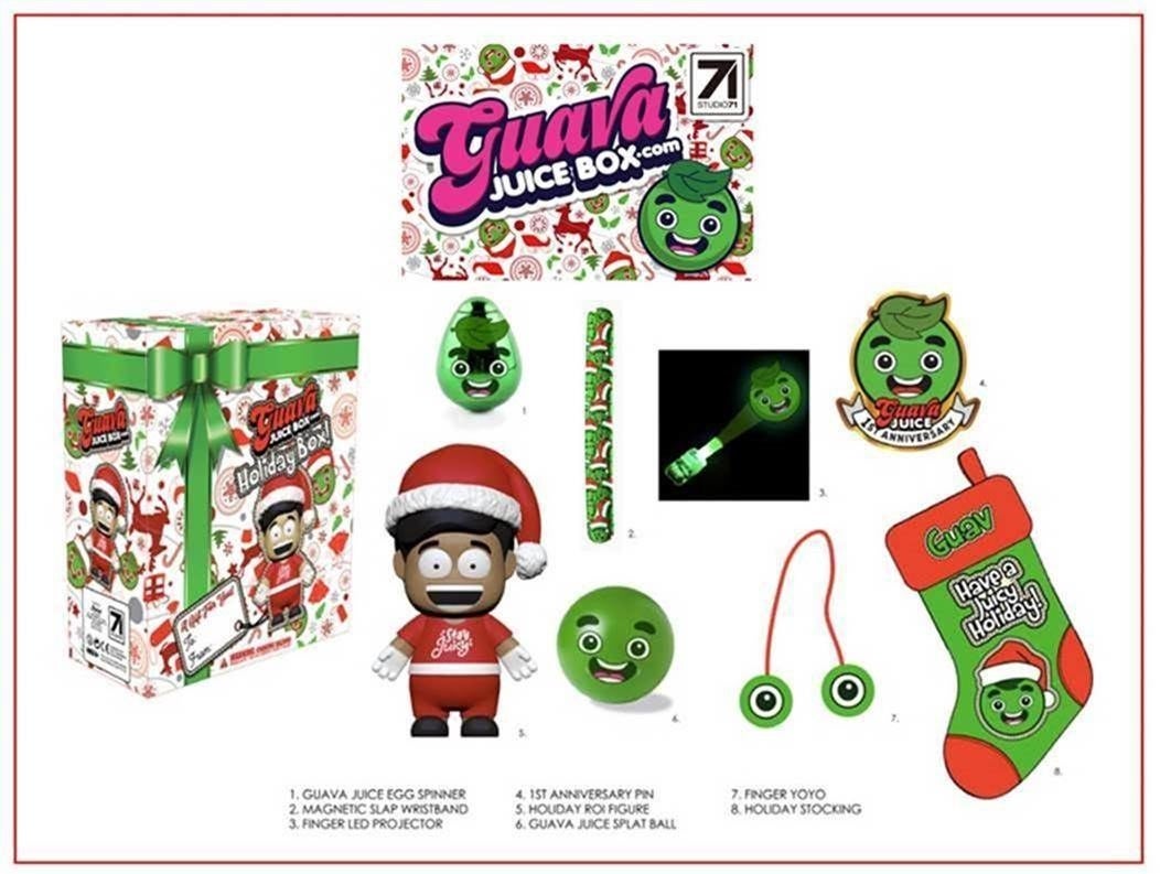 Guava Juice Box is a themed, quarterly subscription boxes for kids, teens and even adults! It is curated by internationally recognized YouTube personality, Guava Juice (Roi), known for his exuberant and colorful personality. The Holiday Edition includes everything from the Guava Juice Holiday Vinyl Figure to Splat Ball to Magnetic Slap Bracelet.