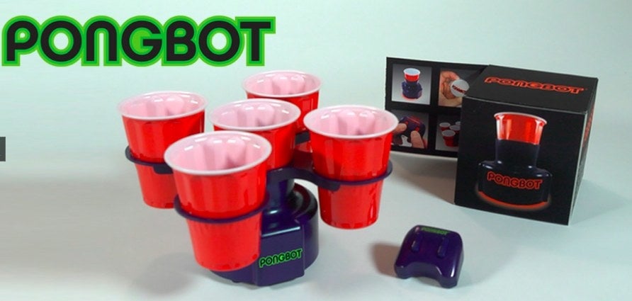 Football season means good food and great beer, and this year we have the perfect accessory for all your tailgates and game day fun - Pongbot! Pongbot is the long-overdue beer pong upgrade, great for parties and gatherings! The motorized cup holder moves back and forth for a more challenging contest. Play in auto mode or control it with the included remote. Best of all, edge sensors stop it from going off the table! There is a new way to play your favorite beer game.