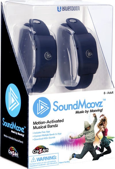 SoundMoovz lets you create Muzic by Mooving! SoundMoovz is a new motion-activated, wearable electronic device that plays cool music and special effect sounds as you move. Experience the excitement by moving, dancing and creating unique musical beats. HPut on the wristbands, power on and connect to the free SoundMoovz app. Choose from over 400 sound bytes and start moving! Each SoundMoovz package comes with two ‘bandz’ (batteries included) that are available in several bright colors, such as Blue, Pink and Black.