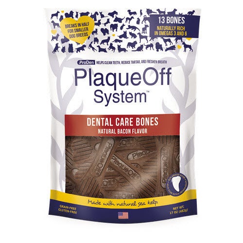 ProDen PlaqueOff® Dental Bones are dog chews with the PlaqueOff System® which help clean plaque and tartar by abrasive action. Used daily, this natural product made with sea kelp can complement ordinary dental hygiene. Available in four tasty flavors. Choose between Turkey & Cranberry Flavor, Chicken and Pumpkin Flavor, Bacon Flavor and Vegetable Fusion Flavor.