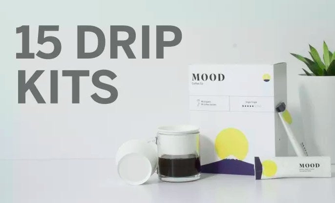 MOOD Coffee Drip Kits, a portable, single-use, and mess-free way to brew the perfect cup of drip coffee. Because we like to shower and have freshly brewed coffee every morning, our team spent an entire year designing the perfectly portable and recyclable dripper in Japan, sourcing the best ground coffee from Colombia, and making it 3 times more concentrated and flavorful than the “average” drip coffee.
