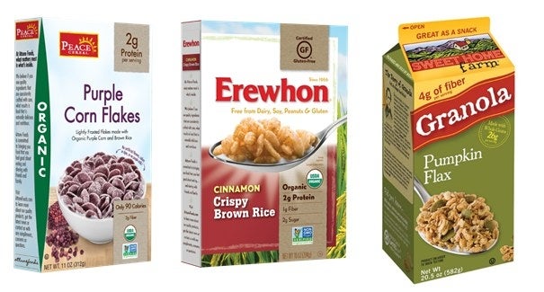 Ditch the sugary cereal and try these healthy options. Peace Cereal Purple Corn Flakes is perfect to kick start your morning and adding some color to your day! USDA Organic, this cereal is made with lightly glazed purple corn. Erewhon Cinnamon Crispy Brown Rice features organic brown rice, organic maple syrup, brown rice syrup, milled can sugar and organic cinnamon, and it results in 28 grams of whole grains and only 2 gams of sugar. Finally, Sweet Home Farm Pumpkin Flax granola is Non GMO verified, kosher, certified halal and is good source of fiber. It contains whole rolled oats, pumpkin seeds, flax seed as well as cinnamon bark and amounts to 32 grams of whole grains per serving and has 11 grams of sugar. This granola is the perfect addition to a breakfast yogurt bowl or afternoon sweet snack and it definitely gives you the seasonal feels!