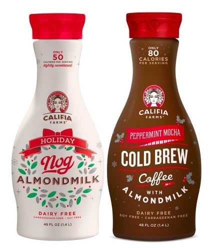 Califia Farms features delicious seasonal flavors like the Holiday Nog and Peppermint Mocha Cold Brew Coffee. One sip of the Holiday Nog and you're suddenly singing along to the carols in your head, snuggling closer to your loved ones, and sharing the holiday spirit. No dairy, no soy — pure drinkable joy. Who can resist chocolate, cold brew coffee, and a hint of mint? The Peppermint Mocha Cold Brew Coffee is an absolute must.