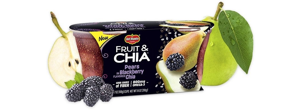 Fruit & Chia combines two healthy ingredients for an irresistible snack, with flavors like Pears in Blackberry Flavored Chia. Pieces of crisp, sweet pears combine with delicately tart blackberry flavored chia seeds for a sophisticated and satisfying anytime snack that’s nourishing for your body – there’s a whole serving of real fruit* in every delicious cup, plus fiber, vitamin C and 800mg of omega-3s.