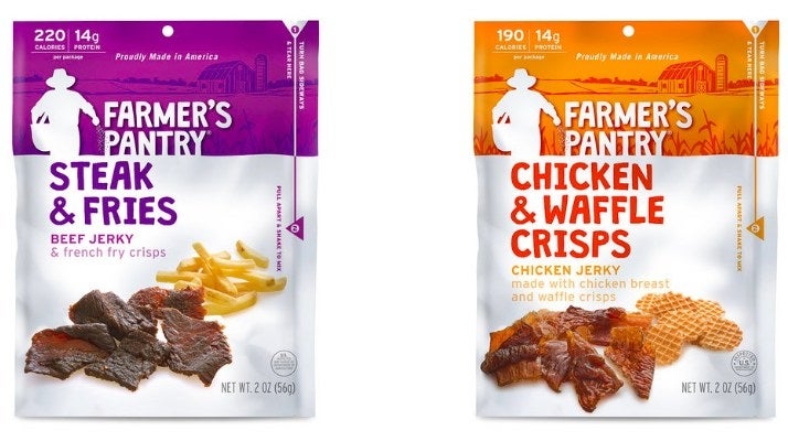 Farmer's Pantry Meal Snacks are like complete hearty meals. They're the only snack that combines tender jerky and a crunchy side into a delicious meal experience on-the-go! They are inspired by some of America's favorite recipes, such as Steak & Fries, Chicken & Waffles, and Bacon & Cornbread.