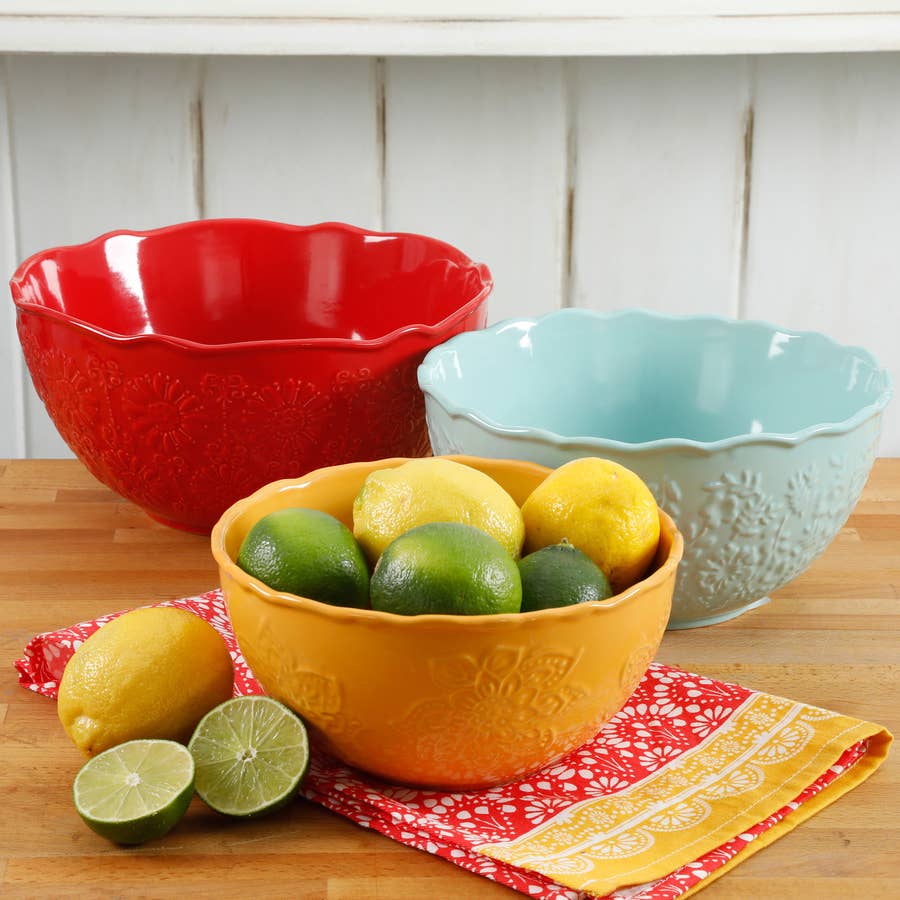  The Pioneer Woman 3 pc Ceramic Mixing Bowl Set (Flea Market  (Orange/Red/Teal)): Home & Kitchen