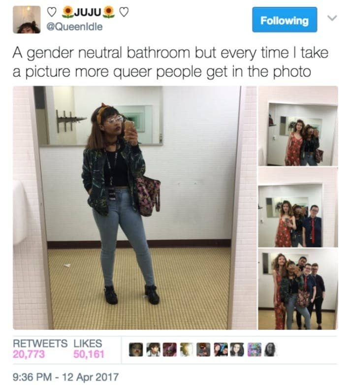 "Iwas just taking selfies in this amazing bathroom and then my friend Madaline joined me, and then Ellie and Jeffry came in," Emile, 19, told BuzzFeed News of the impromptu photo shoot.