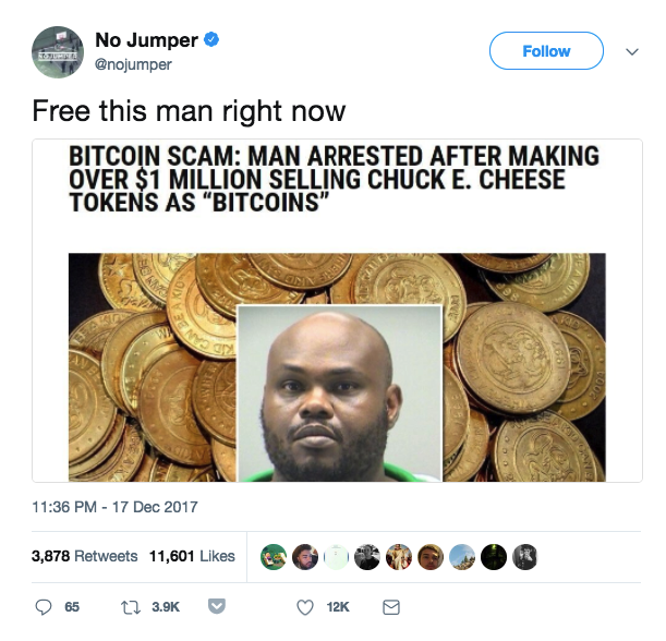 man arrested for selling chuck e cheese tokens as bitcoin