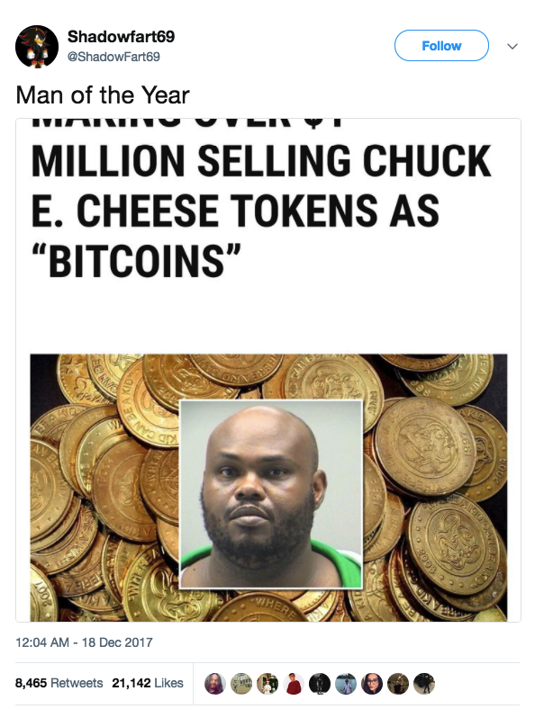 man sells chuck e cheese tokens as bitcoins