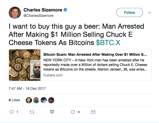 man arrested for selling chuck e cheese tokens as bitcoin