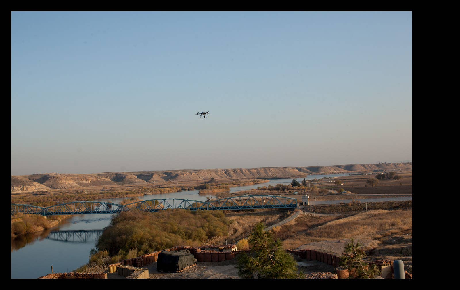 A surveillance drone returns to a Turkish army outpost after patrolling the border with Syria.