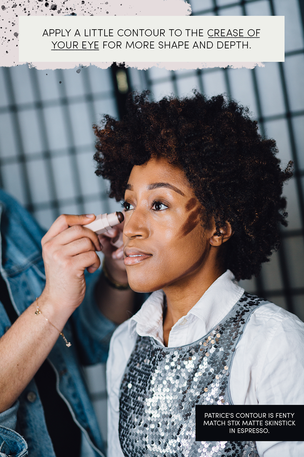 After he contoured Patrice, Hector used the same shade to give her eyes more depth and shape. For this little hack, just apply your dark contour shade to the crease of your eye.