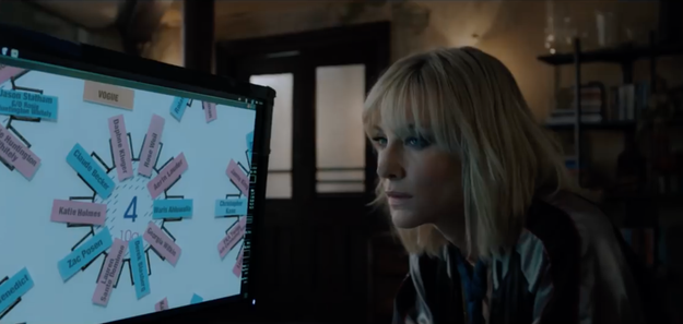 Cate Blanchett is plotting something while looking at a seating chart that has Katie Holmes at a table.