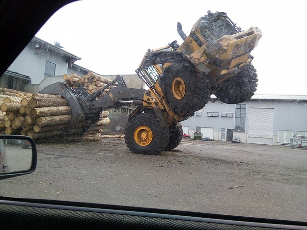 This log hauler who probably dropped a log himself when this happened to him: