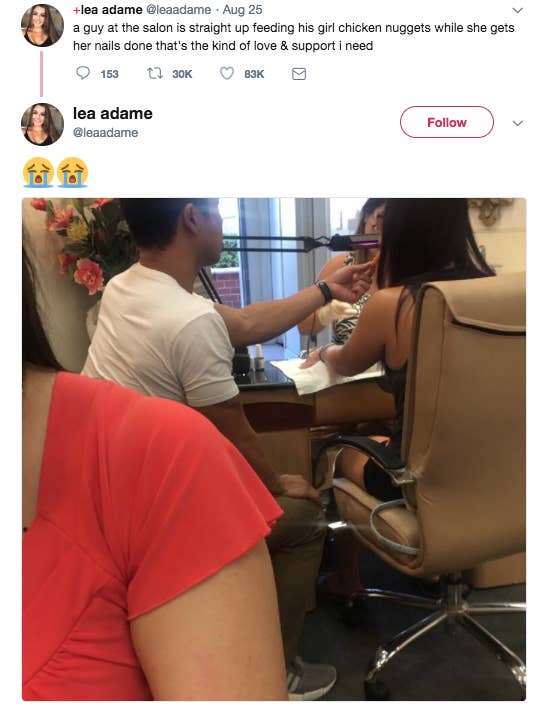 Adametold BuzzFeed News she learned that the manicurist in front of her was actually the mom of the boyfriend, and that the mom and the girlfriend were meeting for the first time. Strangers online thought this was a sign of true love, while others thought it was downright cringeworthy.After the moment went viral, the couple in the photo came forward and identified themselves as 23-year-old Aubrey Yip and 25-year-old Sam Huynh.